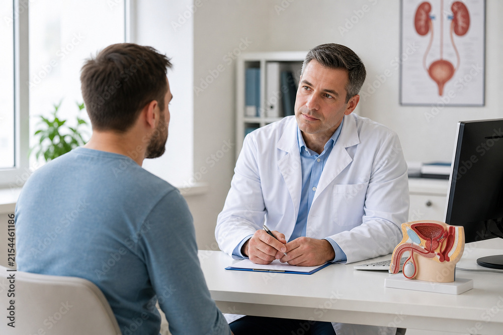 Fototapeta premium Professional doctor consulting male patient in modern clinic office. Concept of healthcare, medical consultation, and urology. Bright interior with anatomical model.