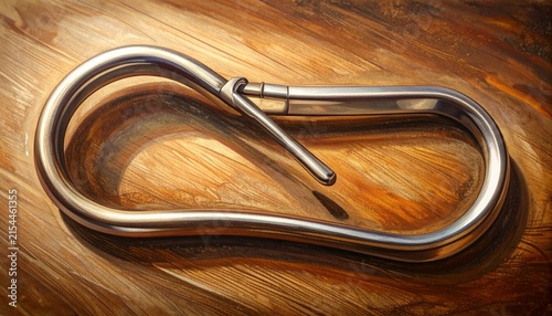 Shiny metal carabiner on wooden surface background.