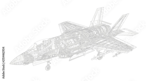 Blueprint schematic wireframe illustration of a military fighter jet aircraft showcasing its internal structure and skeletal framework for technical and educational purposes 