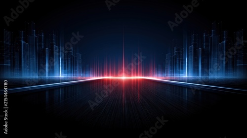 Abstract futuristic digital cityscape background with glowing red light neon lines and urban architecture reflections concept