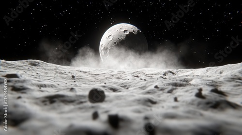 Stunning view of lunar surface with craters and dust cloud against bright moon in dark deep space background