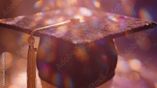 Graduation cap with golden tassel positioned against a blurred background of colorful bokeh lights, highlighting the celebratory atmosphere of academic achievement