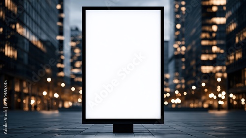 Blank vertical billboard mockup on city street at night with blurred building lights for advertising campaigns presentation