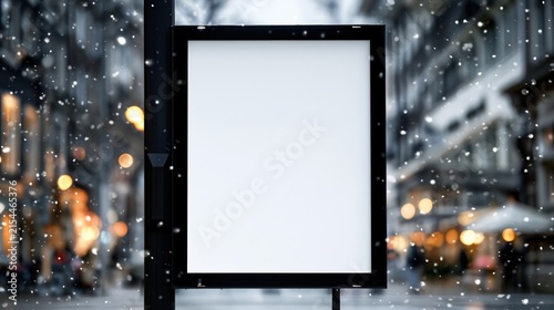 Blank vertical street billboard mockup in snowy city street scene during wintertime evening atmosphere
