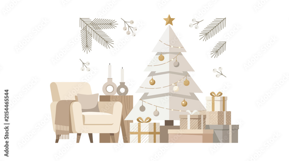 Fototapeta premium Minimalist living room with Christmas decorations.