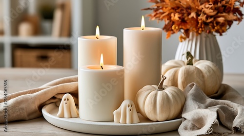 Cozy Fall Decor with Candles, Pumpkins, and Autumn Flowers on Wooden Table