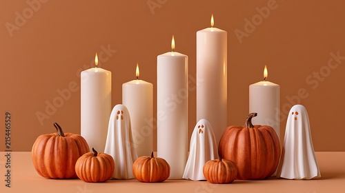 Halloween Halloween themed candles pumpkins and ghost figures on a warm background