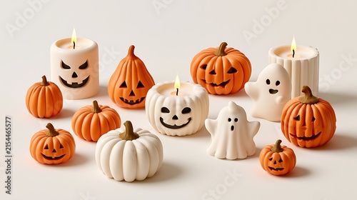 Elegant Halloween Pumpkin Decorations with Candles and Ghosts on Neutral Background
