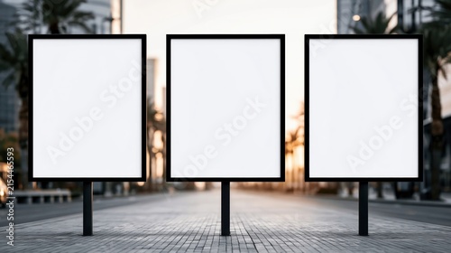 Three empty vertical billboards mockup standing on city street sunset urban background for advertising design showcase professional template