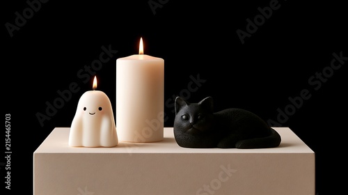 Minimalist Halloween themed candle and feline figurine display on a shelf in black background
