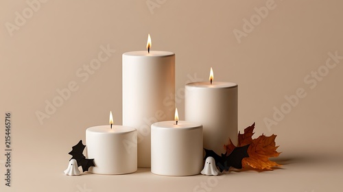 Elegant White Candles with Fire Flames and Autumn Leaves for Cozy Decor