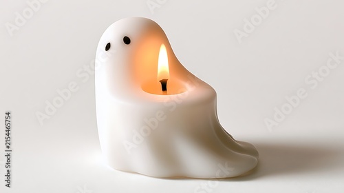Unique ghost-shaped candle with glowing flame and smooth white wax finish