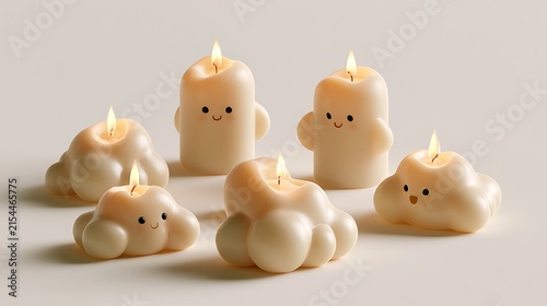 Cute Cloud-Shaped and Pillar Candles with Smiling Faces on a Neutral Background