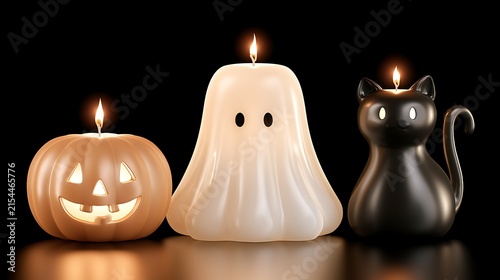 Halloween decorative candles with carved pumpkin ghost and black cat figures on black background