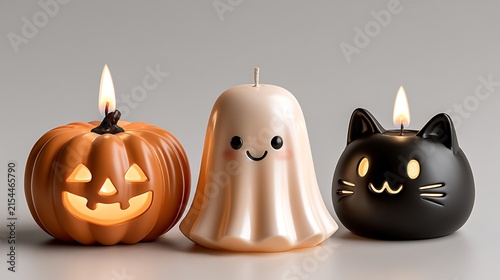Cute Halloween themed candles in pumpkin, ghost, and cat shapes with glowing flames