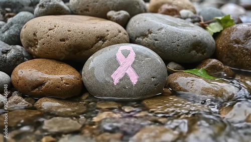 Breast cancer ribbon symbol painted on river stone.