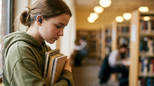 Teenage student girl wearing hearing aid holding stack of school books in quiet library hallway, representing inclusive education.