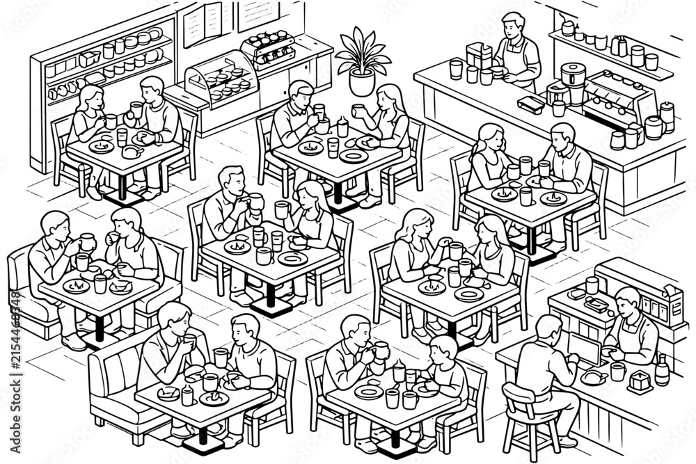 Fototapeta premium Isometric Restaurant Layout People Vector Design