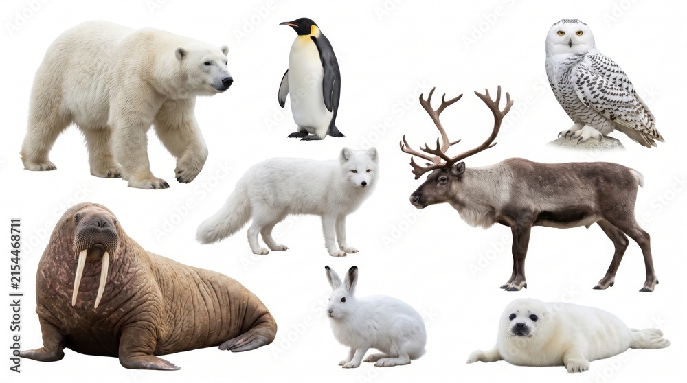 Naklejka premium Wild animal collection set isolated on white background featuring lion, elephant, tiger, zebra, giraffe, eagle, and fauna for nature, safari, or zoo design.