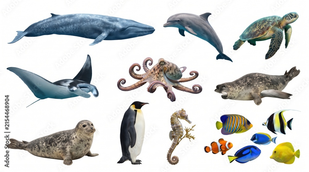 Naklejka premium Wild animal collection set isolated on white background featuring lion, elephant, tiger, zebra, giraffe, eagle, and fauna for nature, safari, or zoo design.