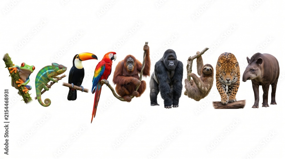 Naklejka premium Wild animal collection set isolated on white background featuring lion, elephant, tiger, zebra, giraffe, eagle, and fauna for nature, safari, or zoo design.