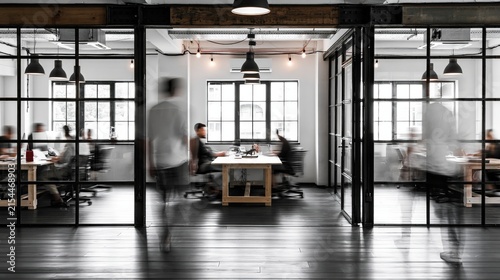 People working in a modern, openplan office space with glass partitions and industrial lighting.