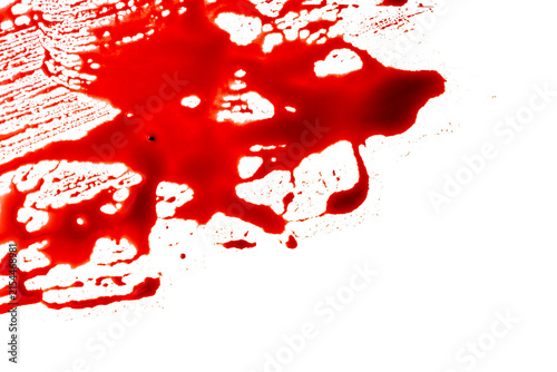 High-contrast digital rendering of a bright red blood-like splatter pool against a dark, textured black background. Halloween concept
