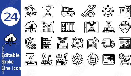 Smart industry line icons set, 24 industrial internet of things vector symbols, digital manufacturing and automation signs isolated on White Background