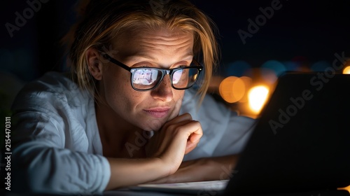 Person wearing glasses concentrates while looking at a laptop screen in the dark.