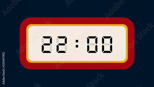 Digital clock display showing twenty-two hundred hours in bright red yellow and white frame with midnight timekeeping electronics minimalist