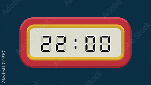 Digital clock display showing twenty-two hundred hours in bright red yellow and white frame with midnight timekeeping electronics minimalist