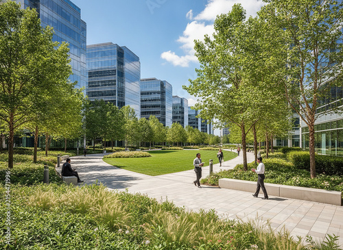 Modern urban park with people walking, green trees and modern glass office buildings, bright sunny landscaping, city plaza, corporate business district