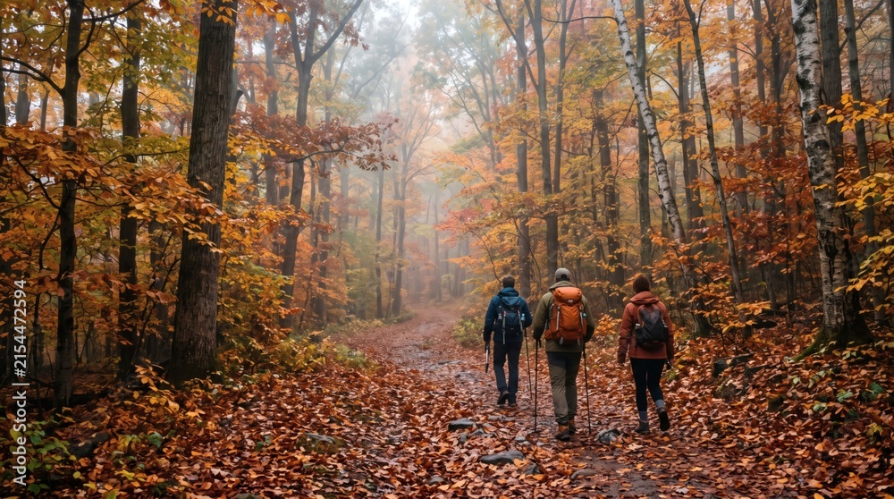 Fototapeta premium Three hikers walk along a leaf-covered trail through a vibrant autumn forest on a misty day, enjoying the colorful fall foliage.
