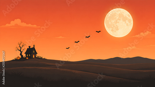 Spooky haunted house silhouette under a full moon with flying bats in an orange sunset sky