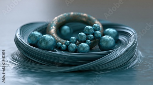Metallic spheres cluster around a ring within a swirling structure.