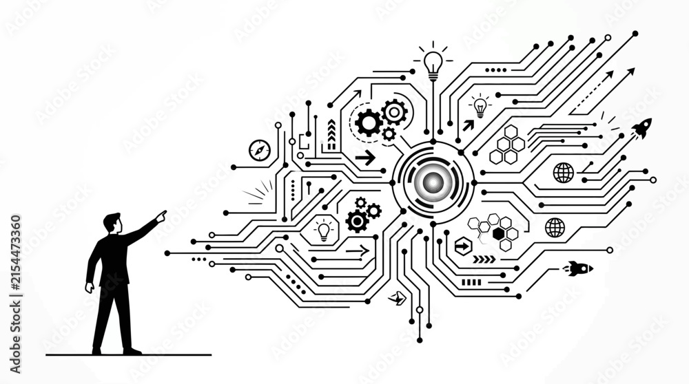 Naklejka premium Human figure interacting with digital technology brain.