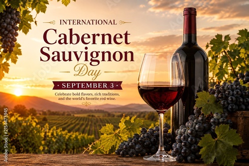 International cabernet sauvignon day celebration graphic with vineyard, red wine
