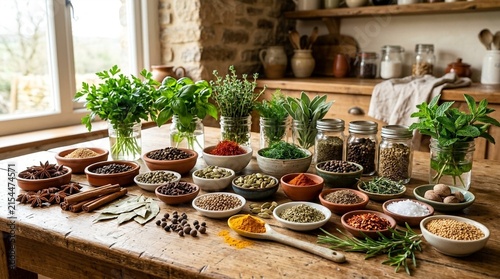 Culinary Herbs and Spices Collection on Wooden Table in Kitchen