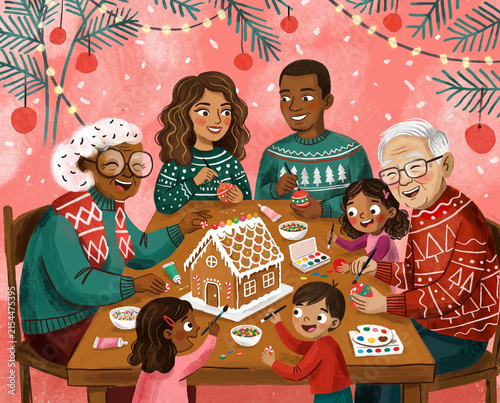 Happy, cheerful multigenerational family spending quality time together during the Christmas holidays, celebrating with warmth, joy, festive decorations, and a cozy seasonal atmosphere.