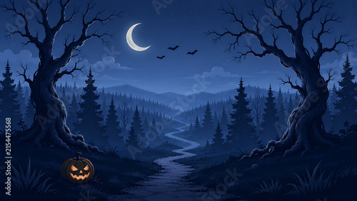 Spooky Halloween landscape with a glowing jack-o-lantern in a dark forest at night.