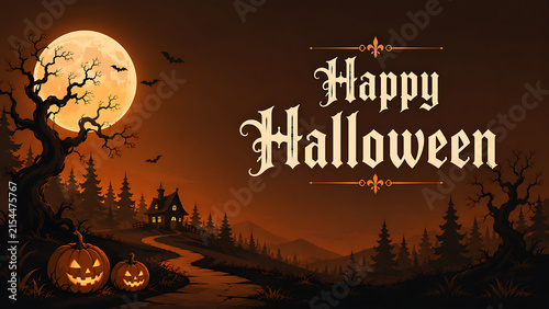 Happy Halloween greeting card with spooky moonlit landscape and carved jack-o-lanterns.