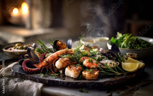 gourmet mediterranean seafood platter with grilled scallops, prawns, octopus and mussels garnished with fresh herbs and lemon in an elegant candlelit restaurant setting
