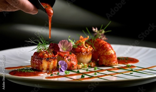 luxury seared scallops and lobster with edible flowers and red sauce being poured by a chef in an elegant fine dining presentation