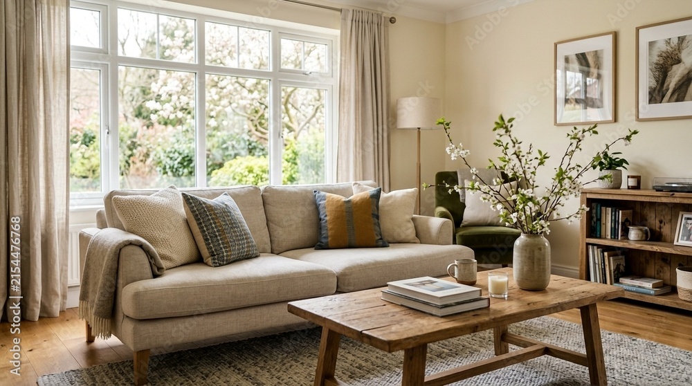 Fototapeta premium Cozy Living Room with Sofa, Coffee Table, Bookshelf, and Window View