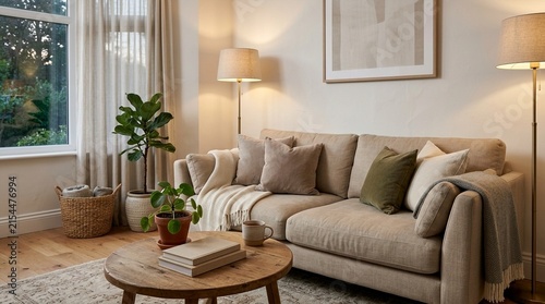 Cozy living room with sofa, plants, coffee table and warm lighting