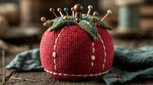 Tomato pincushion with sewing pins on rustic wood