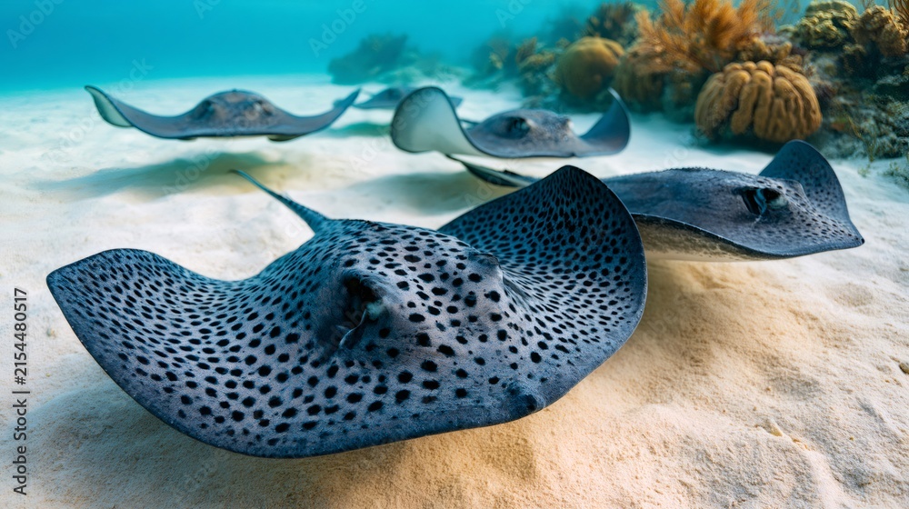 Fototapeta premium Spotted eagle rays swimming over sandy ocean floor