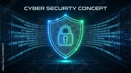 Futuristic cybersecurity concept featuring a glowing shield and digital lock surrounded by binary code and server infrastructure, symbolizing data protection and network security.