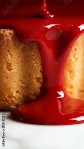 Small gourmet cake topped with glossy red strawberry glaze.