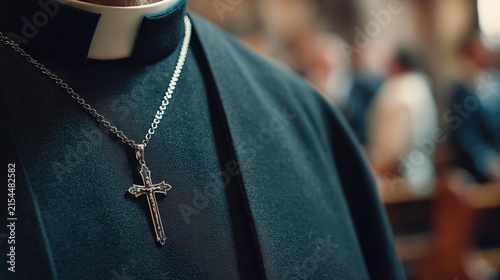 Close up of a priest wearing a clerical collar and silver crucifix necklace. Catholic pastor in black cassock inside a church. Christian religion symbol